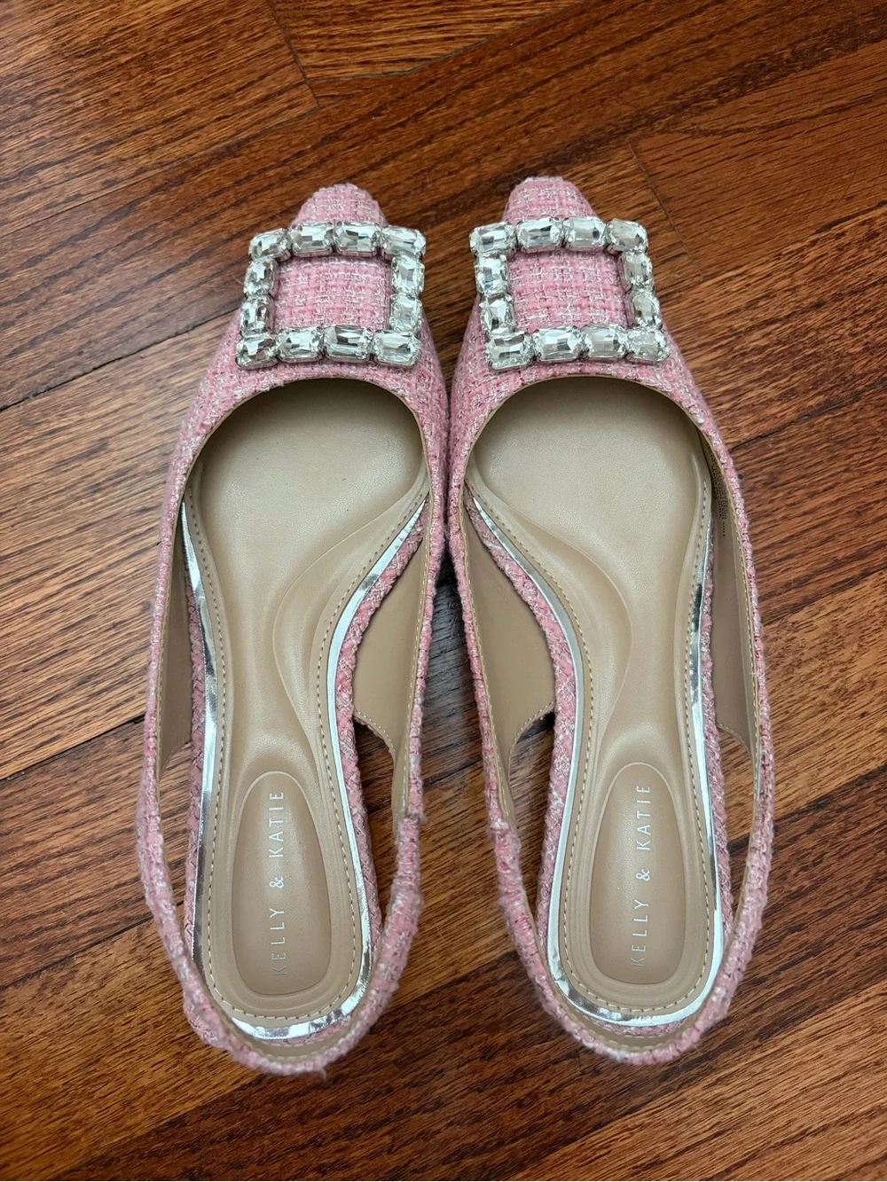 Kelly & Katie Pink Tweed Slingback Flats with Crystal Buckle